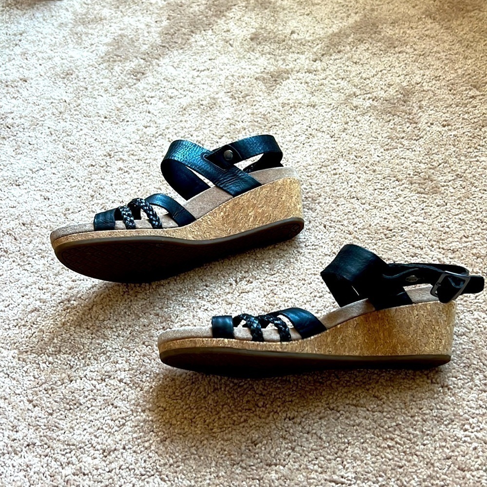 UGG Black Braided Leather Cork Wedge Sandals
